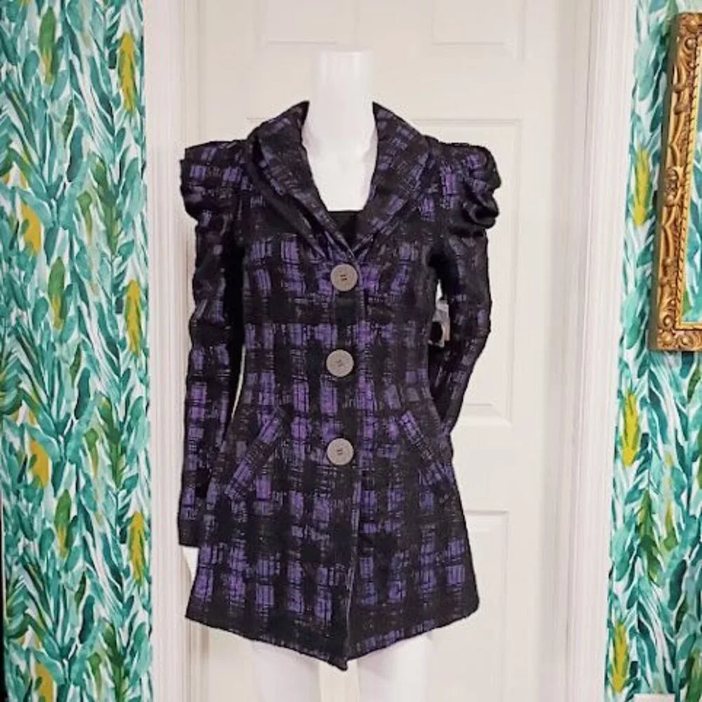 Samuel Dong Womens Purple & Black Plaid Puff Sleeve Coat Size S - Picture 12 of 16